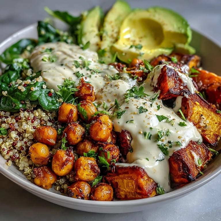 A colorful Anti-Inflammatory Glow Bowl with fluffy quinoa, fresh spinach, and creamy tahini yogurt sauce.