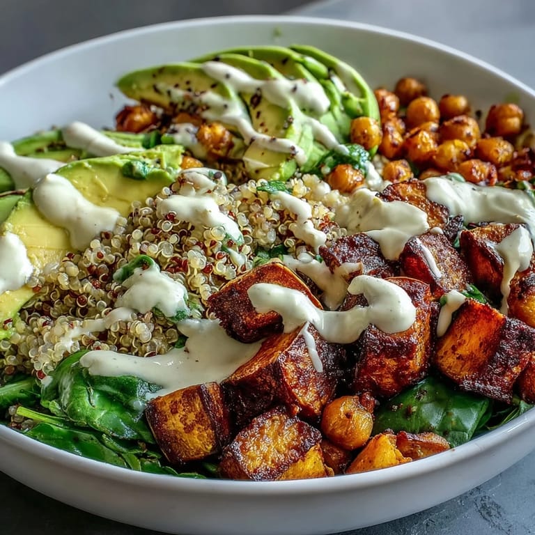 The finished Anti-Inflammatory Glow Bowl topped with sliced avocado and a generous drizzle of tahini dressing.