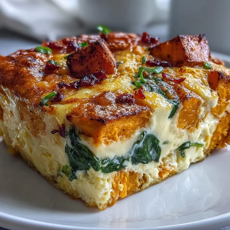 Freshly baked Easy Sweet Potato Egg Casserole served in a ceramic dish, garnished with herbs and ready for a hearty brunch.
