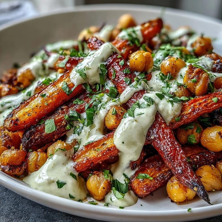 A close-up view of a One-Pan Roasted Carrot and Chickpea Bowl with caramelized vegetables, quinoa base, and a generous pour of tangy tahini sauce.