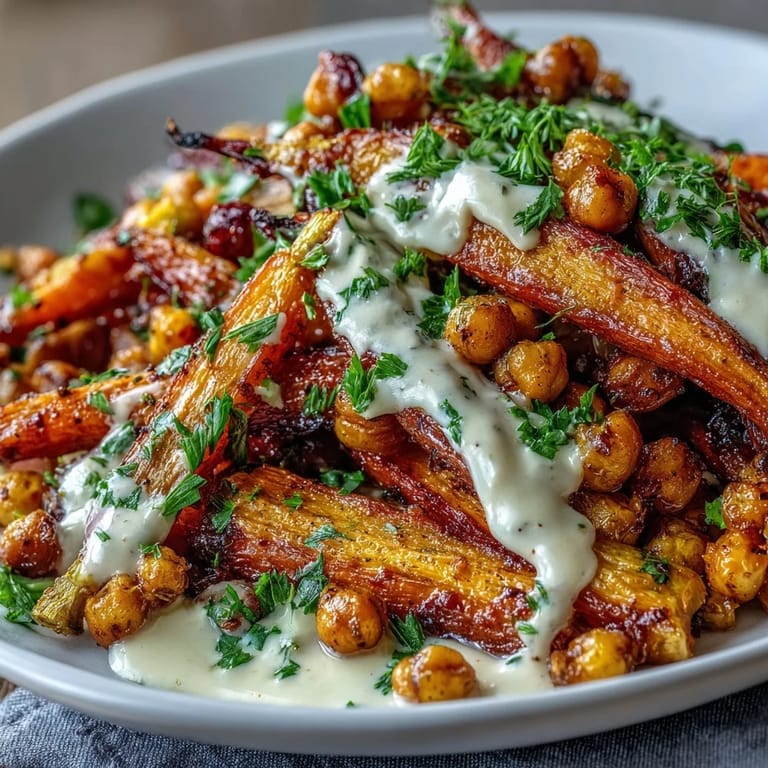 Vibrant, caramelized carrots and chickpeas mixed with fresh parsley on a baking sheet, highlighting this easy One-Pan Roasted Carrot and Chickpea Bowl.