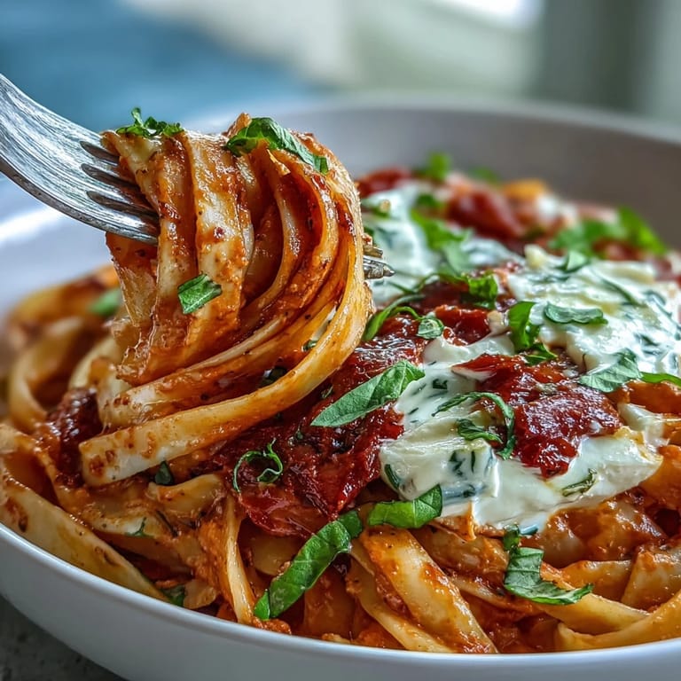 Serving bowl of Creamy Red Pepper Pasta with Burrata & Herbs, topped with torn burrata and fresh basil leaves.