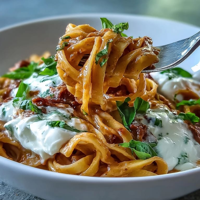 In a shallow bowl, Creamy Red Pepper Pasta with Burrata & Herbs swirls in velvety roasted red pepper sauce.
