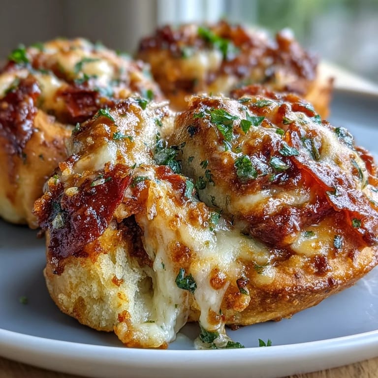 Golden Pizza Roll Stuffed Garlic Knots on a white plate, revealing melted mozzarella and pepperoni filling, with a small bowl of marinara sauce.
