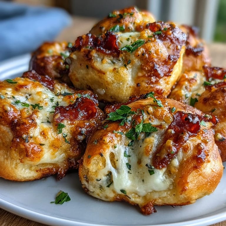 Freshly baked Pizza Roll Stuffed Garlic Knots arranged on a cooling rack, showcasing soft dough and golden edges, ready to serve as a party snack.