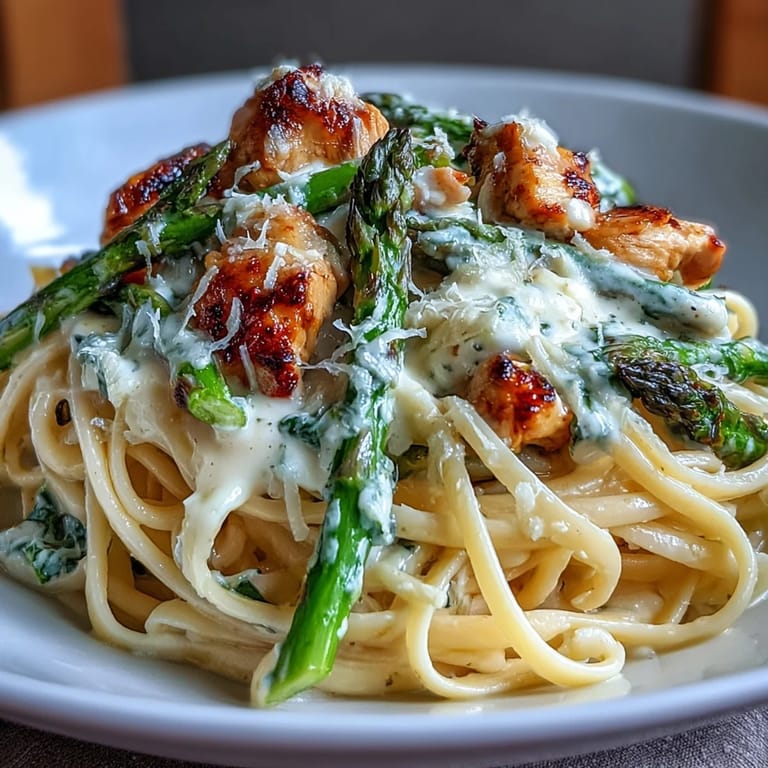 A close-up of Creamy Asiago Chicken & Asparagus Pasta reveals silky noodles, bright green spears, and shaved cheese garnish.  
