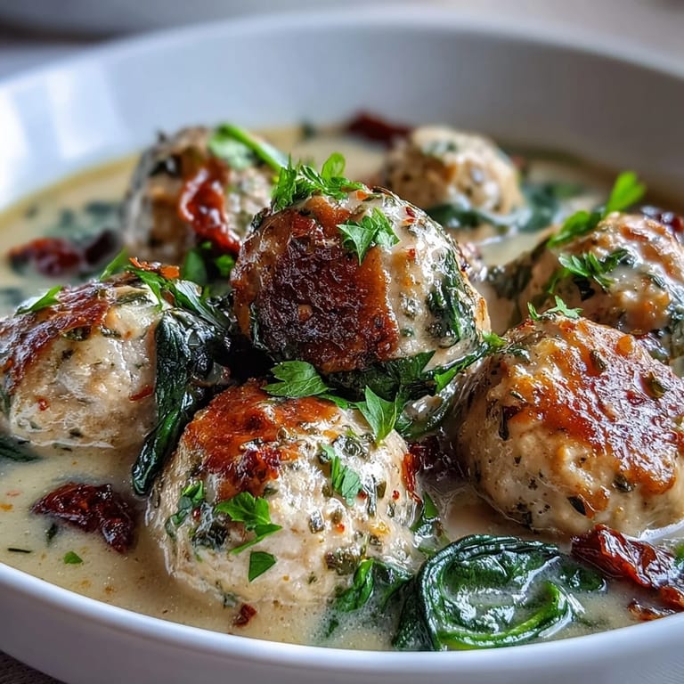 Rich Creamy Tuscan Turkey Meatball Soup simmers in a pot, featuring tender turkey meatballs, sun-dried tomatoes, and vibrant spinach. 