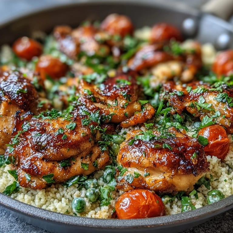 A close-up of tender One-Pan Garlic Butter Chicken Couscous with fresh parsley garnish and lemon zest.