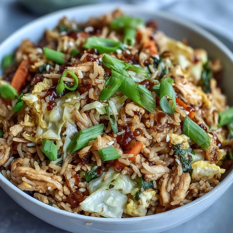 A close-up view of a skillet filled with savory Egg Roll Fried Rice with Chicken, garnished with fresh green onions for a flavorful Asian-inspired meal.