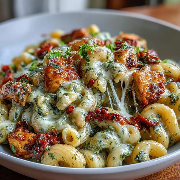 Close-up of Pesto Chicken Chili Mac in a Dutch oven, basil pesto swirled into the tomato broth with tender chicken chunks and steam rising from the surface.