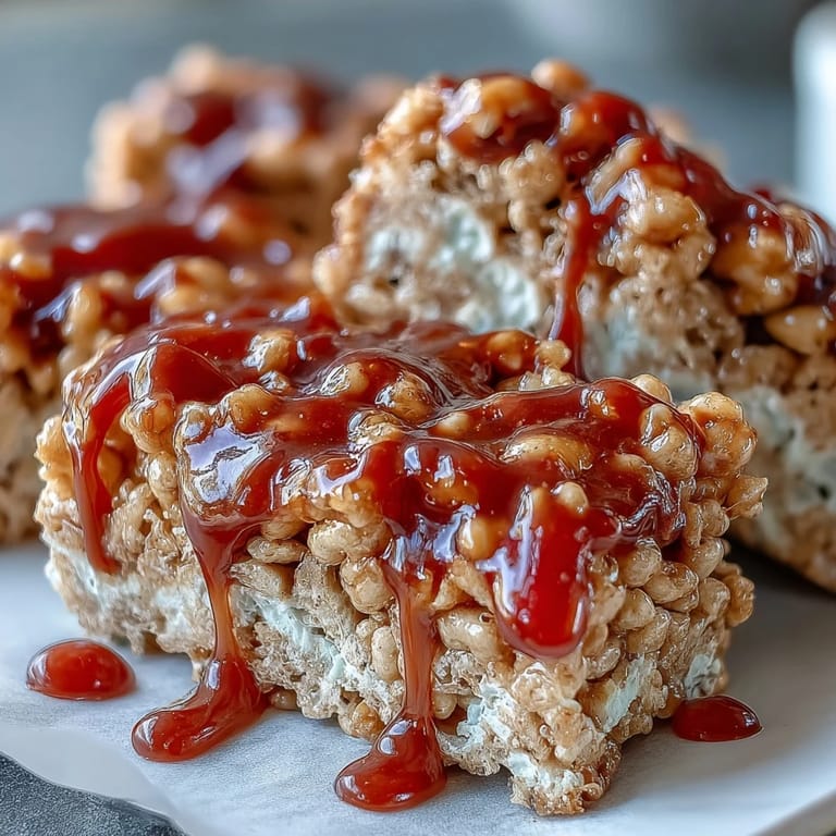 Top-down view of High-Protein PB&J Rice Krispie Bars in a baking pan, glistening with peanut butter drizzle and vibrant jelly swirls.