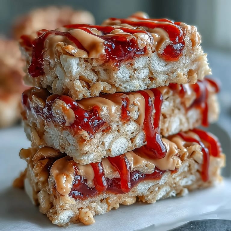A close look at High-Protein PB&J Rice Krispie Bars reveals a chewy cereal base and a creamy vanilla protein drizzle.