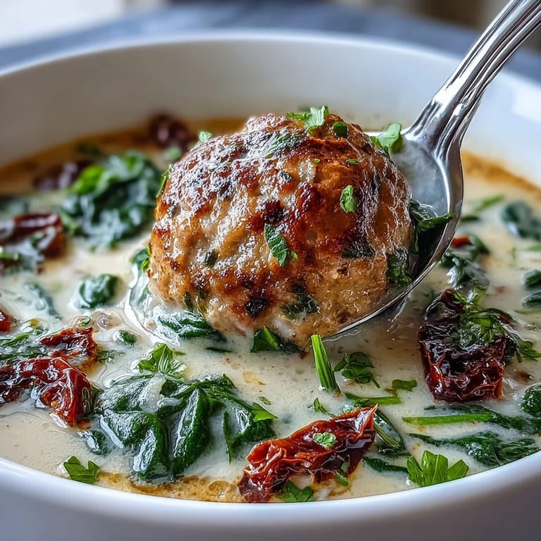 A rustic spoon dips into Creamy Tuscan Turkey Meatball Soup, showcasing golden meatballs and bright sun-dried tomatoes in a velvety broth.