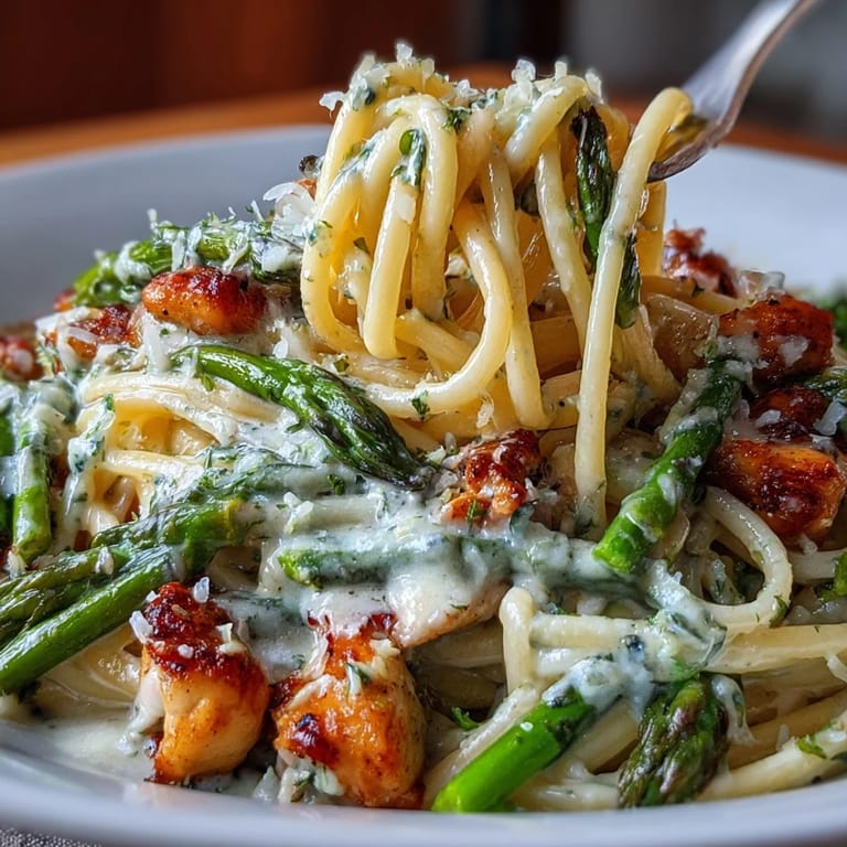 Linguine strands swirl in a rich, velvety Asiago sauce with juicy chicken and crisp-tender asparagus.