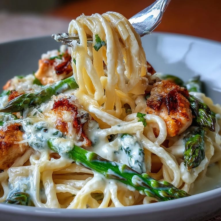 Sizzling golden chicken and roasted asparagus combine in a bowl of creamy Asiago Chicken & Asparagus Pasta.