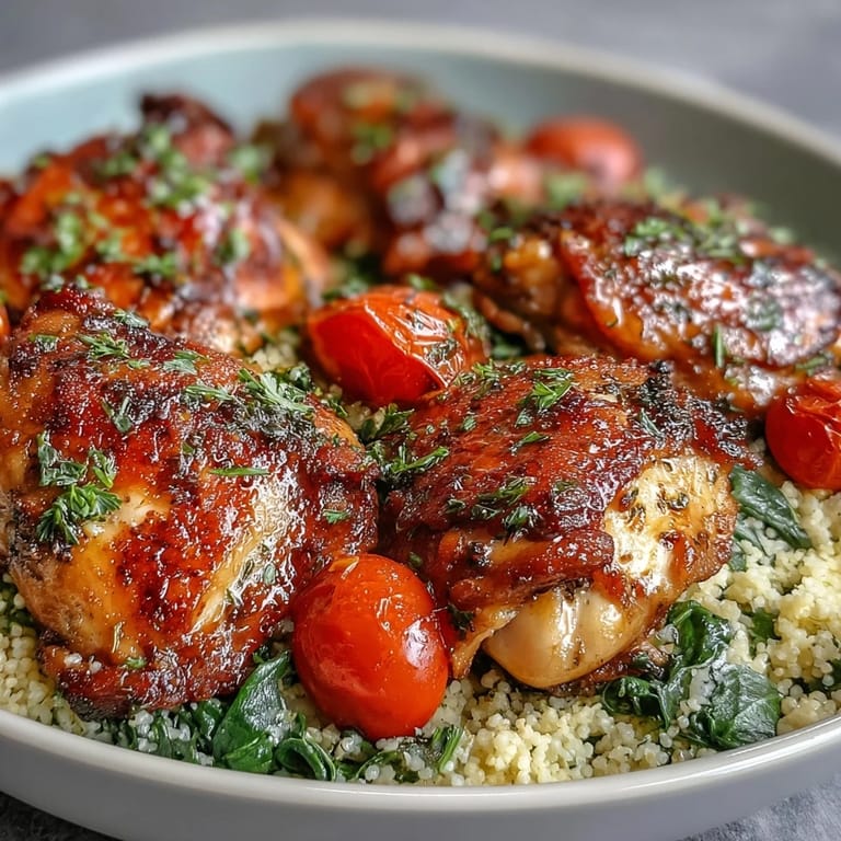 Close-up of One-Pan Garlic Butter Chicken Couscous showcasing tender chicken thighs, vibrant tomatoes, and herbs, steam rising from the skillet.