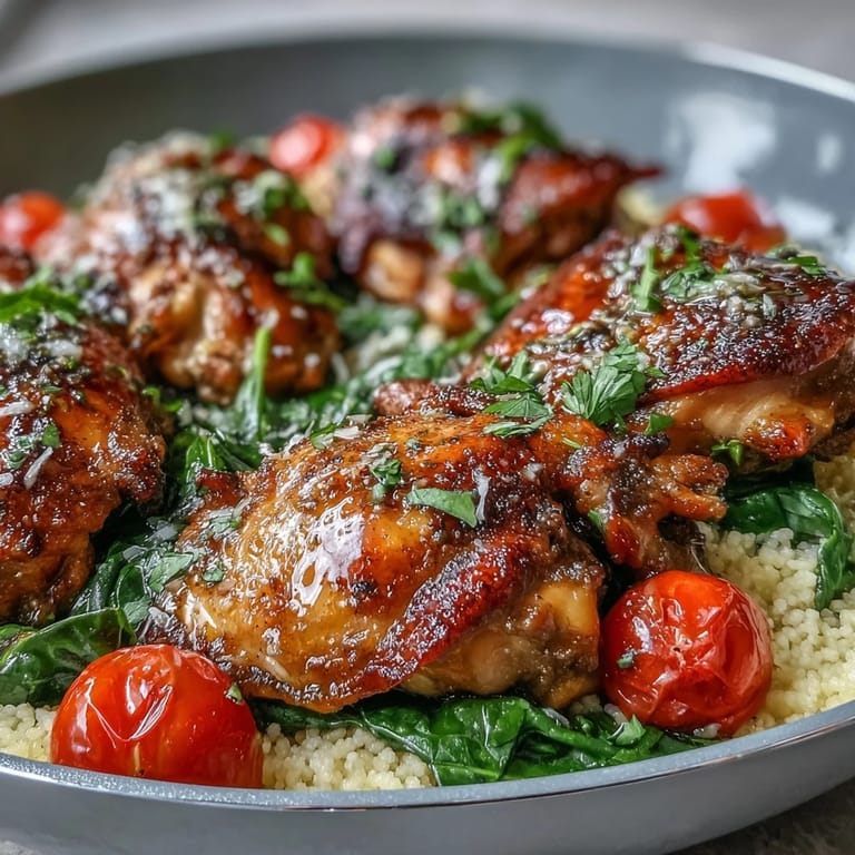 One-Pan Garlic Butter Chicken Couscous plated with lemon wedges and parsley garnish, perfect for a quick weeknight Mediterranean-inspired dinner.