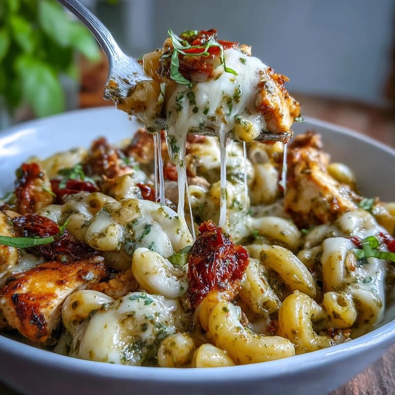 A hearty one-pot Pesto Chicken Chili Mac with tender chicken, pasta, and pesto, served in a rustic ceramic bowl.