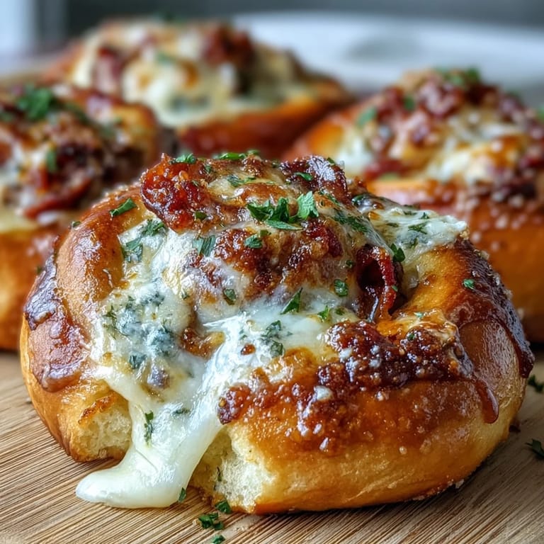 Close-up of a Pizza Roll Stuffed Garlic Knot, showcasing a cheesy pepperoni pull-apart filling inside the soft, high-protein dough brushed with garlic butter.