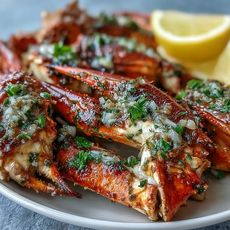 Freshly baked Keto Garlic Butter Crab Legs on a platter, garnished with chopped parsley and served with bright lemon wedges.