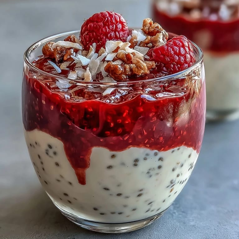Layered chia seed pudding with fresh raspberries and coconut flakes in a glass, showcasing a healthy vegan parfait recipe.  
