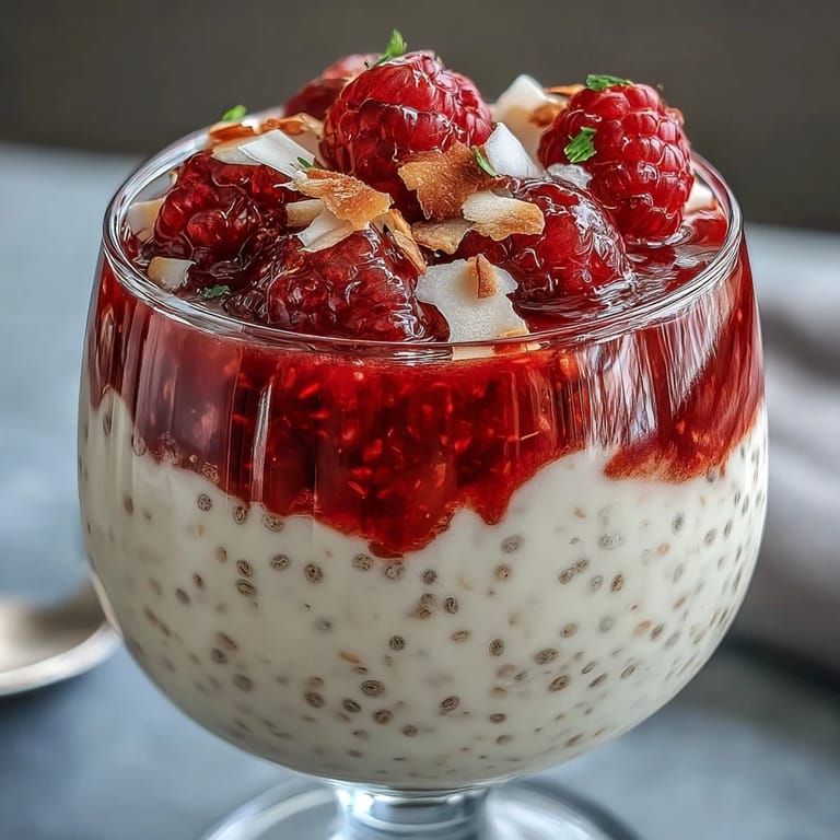 Refreshing vegan breakfast parfaits featuring coconut chia pudding, raspberry compote, and crunchy nuts in a clear glass jar.