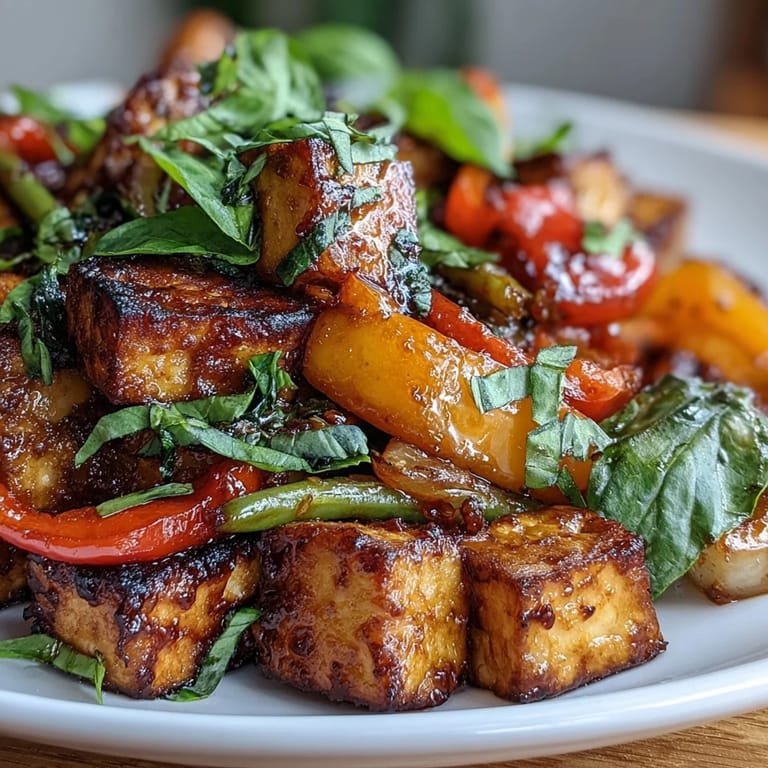 A close-up shot of the finished Thai basil tofu stir-fry served with fluffy white rice.