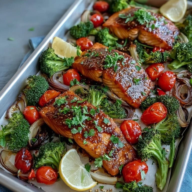 Healthy one-pan meal of Dijon-glazed salmon fillets and caramelized roasted vegetables, perfect for easy weeknight dinners packed with flavor and nutrition.
