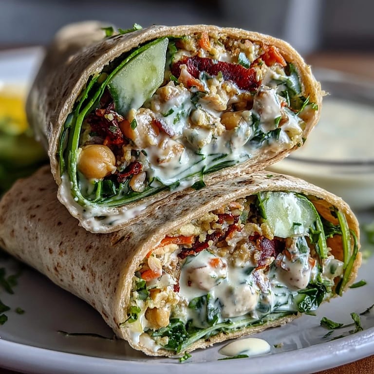Bright and satisfying Mediterranean-inspired wraps featuring smashed chickpeas, crunchy veggies, and a tangy lemon-tahini sauce in whole wheat tortillas.