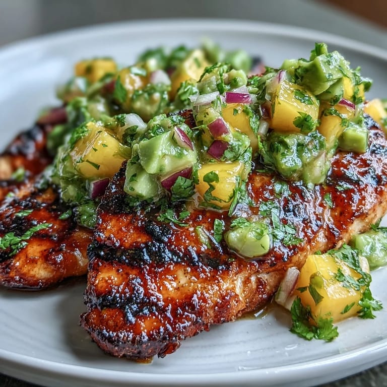 A summer dish of smoky grilled chicken breasts paired with fresh mango avocado salsa and zesty lime dressing.  