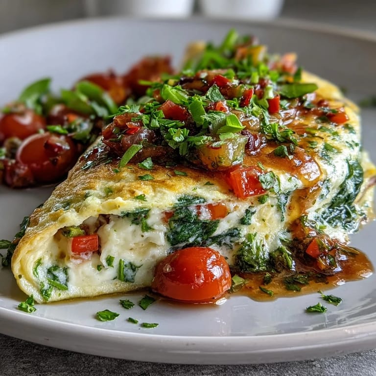 Light and protein-rich veggie egg white omelette bursting with garden-fresh vegetables and crowned with bright, tangy salsa – perfect for a nutritious morning meal.