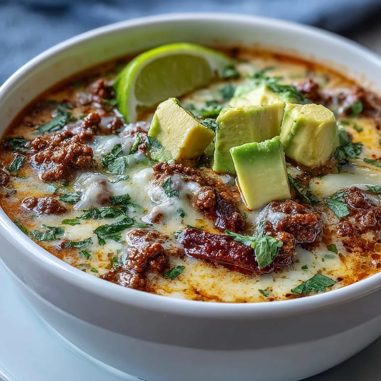 Rich and creamy keto taco soup loaded with ground beef, green chilies, and topped with shredded cheddar and diced avocado.  