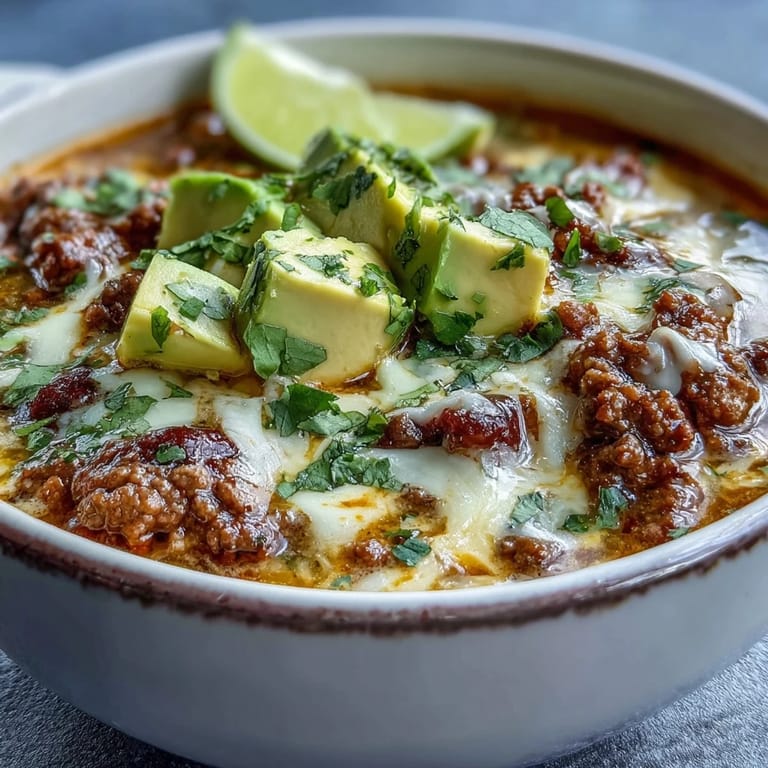 Hearty keto taco soup featuring tender ground beef, bold spices, and a generous topping of avocado and cilantro.