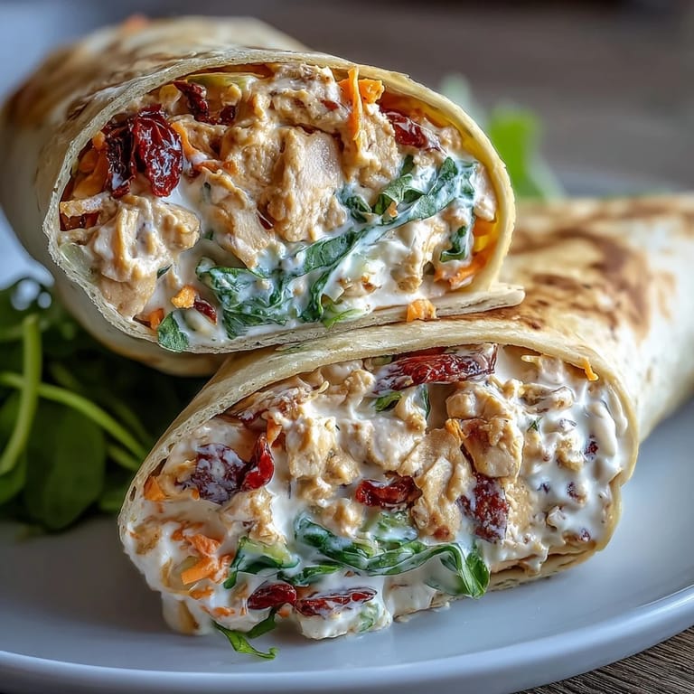 Colorful plant-based wraps showcasing hearty chickpea chicken salad with smoky paprika, zesty lemon, and chewy sun-dried tomatoes wrapped in soft tortillas.