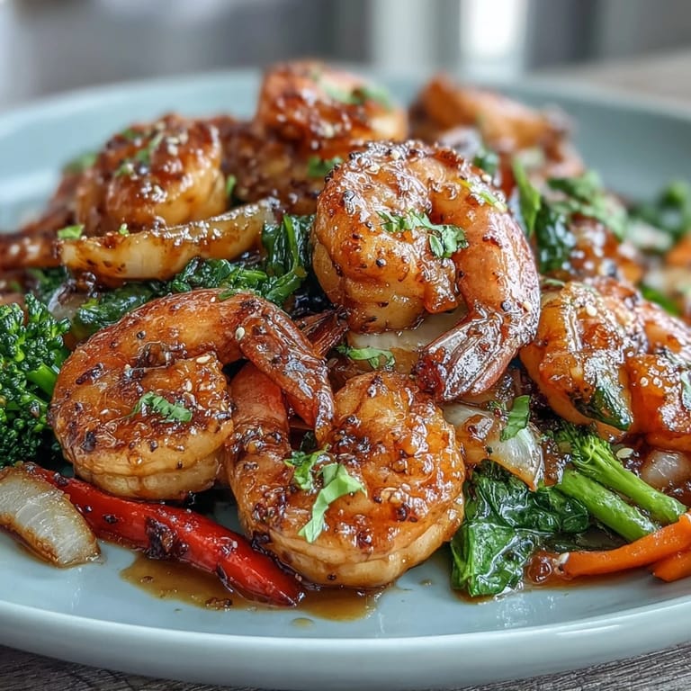 Colorful shrimp and fresh vegetables sizzling in a savory Asian-inspired sauce, served over light, grain-free cauliflower rice.  