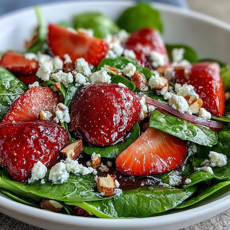 Vibrant spinach salad topped with juicy strawberries, creamy feta, and golden toasted almonds for a perfect spring dish.  