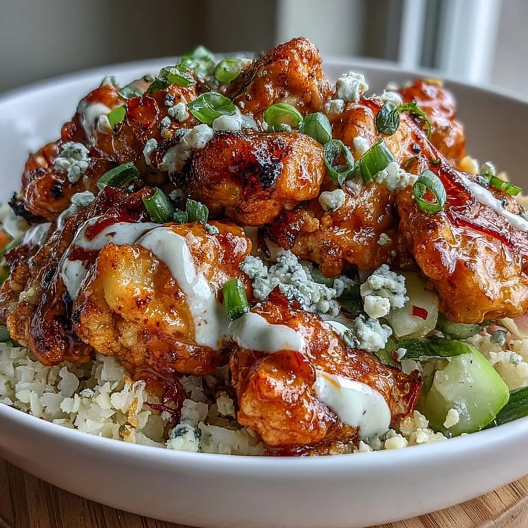 Spicy buffalo chicken served over fluffy cauliflower rice, garnished with blue cheese, chives, and crunchy vegetables in these keto-friendly bowls.