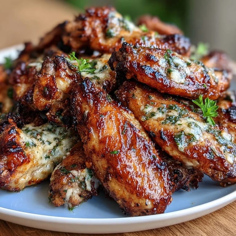 Golden-brown chicken wings tossed in fragrant garlic parmesan butter, paired with fresh celery and tangy ranch—perfect for keto-friendly game day snacking.  