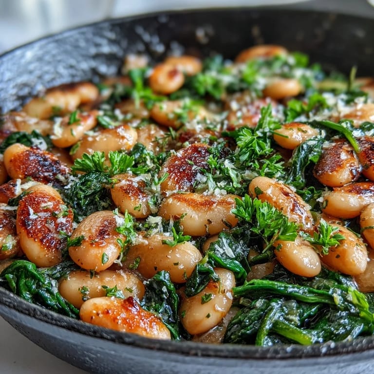 Hearty one-pan vegan meal featuring tender beans, wilted spinach, and aromatic garlic-lemon flavors.