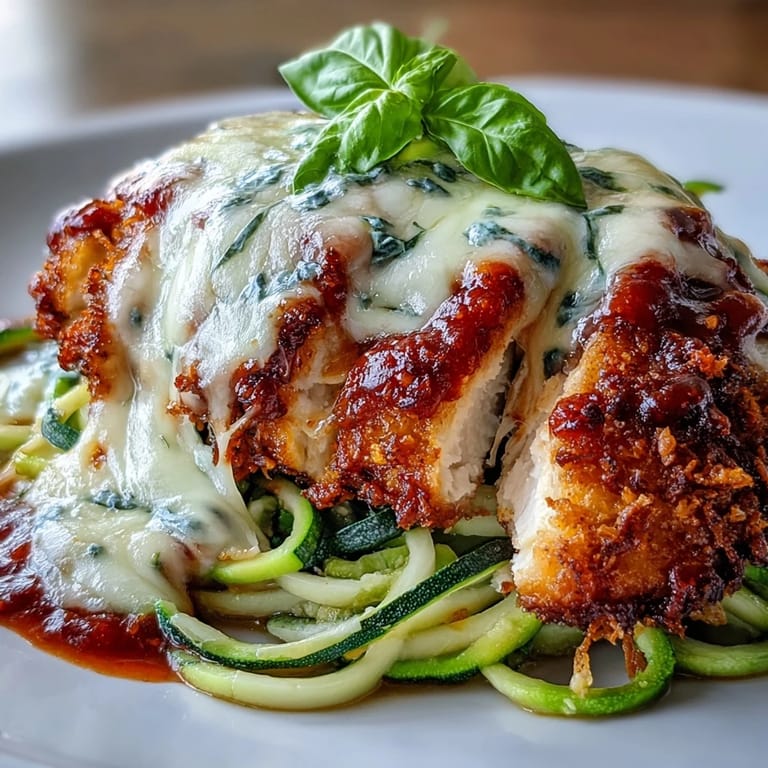 Crispy almond-crusted chicken breasts are smothered in savory marinara and bubbling cheese, served over tender spiralized zucchini for a low-carb meal.  