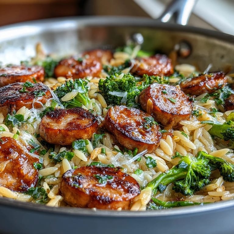 Flavorful one-pan chicken sausage and broccoli orzo with aromatic garlic, Italian herbs, and zesty lemon, topped with fresh parsley and grated Parmesan.