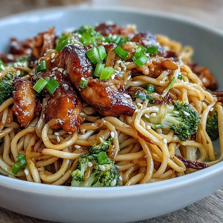 Aromatic stir-fried chicken and noodles coated in sticky garlic sauce, topped with green onions and sesame seeds.  