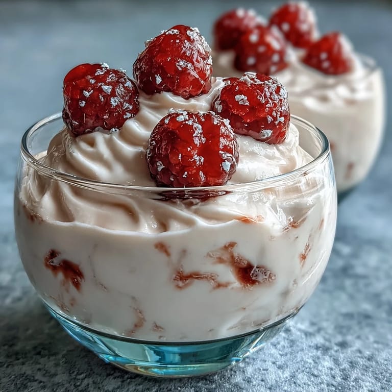 Smooth and protein-rich cottage cheese raspberry mousse served chilled in elegant glasses.