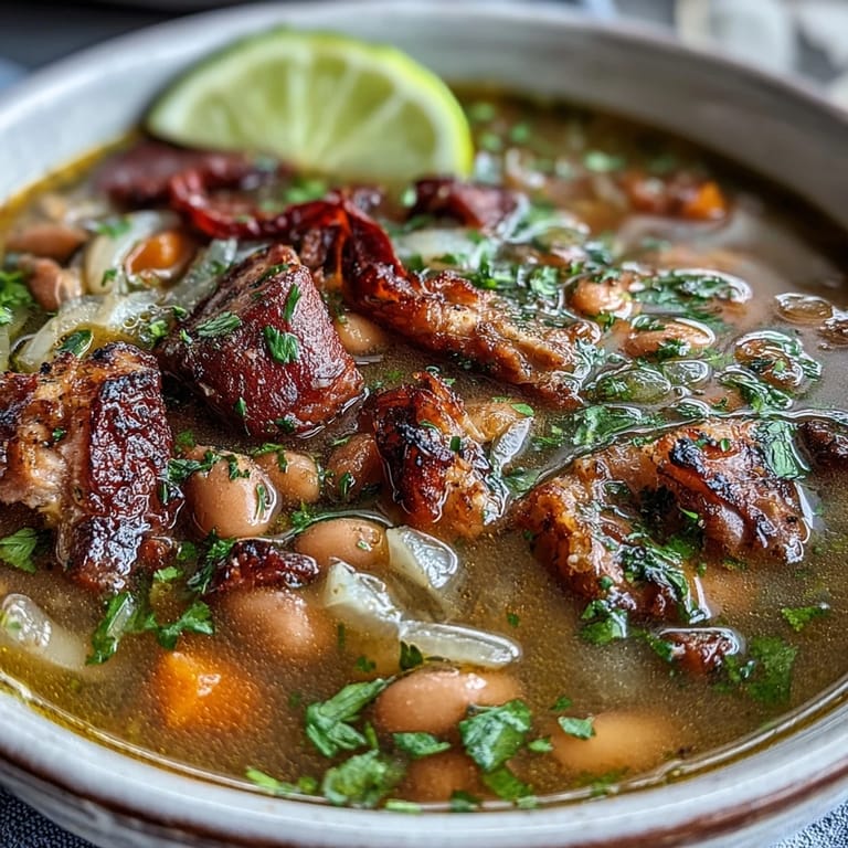 Rich and flavorful ham and pinto bean soup with smoky spices, served with shredded cheddar cheese and warm cornbread.