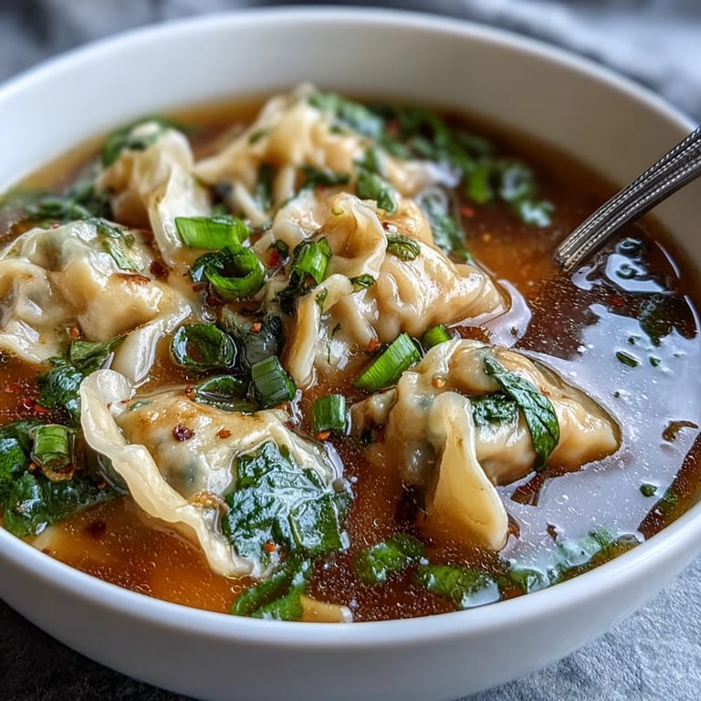 Savory chicken broth filled with delicate dumplings and sliced scallions, offering a fragrant and satisfying Asian-inspired soup experience.