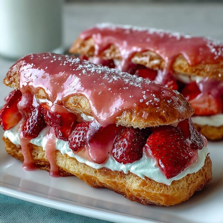 Elegant Valentine's Day dessert featuring delicate choux pastry éclairs bursting with strawberry cream and finished with a vibrant pink glaze.