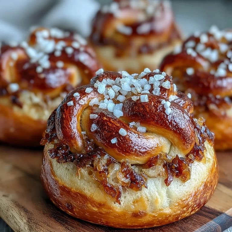 Soft sourdough pretzel bites infused with sweet caramelized onions, baked until golden and topped with coarse salt.