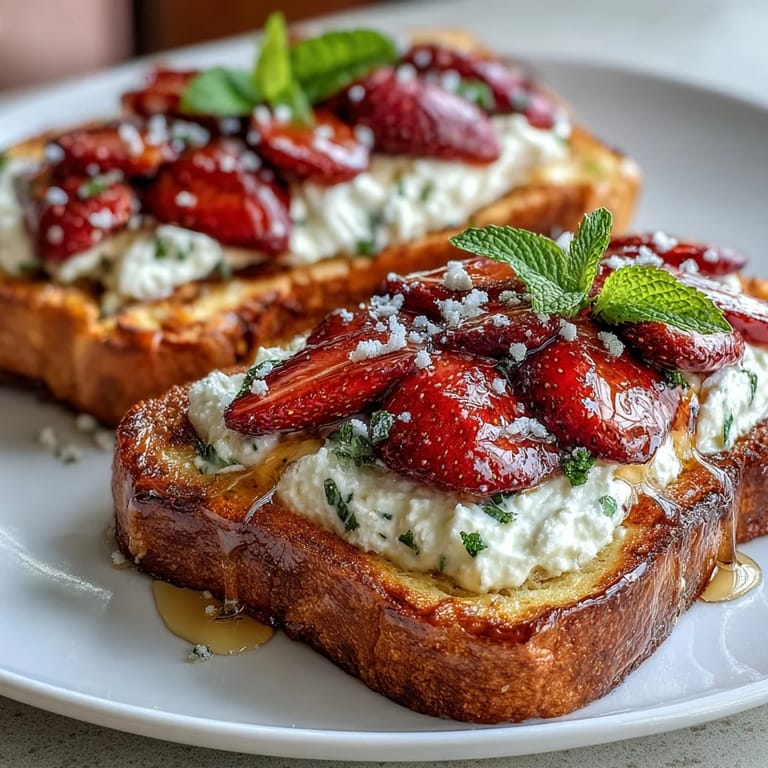 Creamy ricotta spread topped with sliced strawberries and a touch of lemon zest on golden toast.  