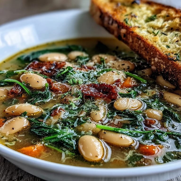 Creamy cannellini bean soup simmered with aromatic herbs and vegetables, paired with warm, garlicky bread for a satisfying Italian-inspired dinner.
