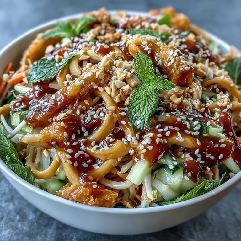 A vibrant bowl of crisp julienned vegetables, tender rice noodles, and pan-fried tofu, all topped with a rich peanut sauce.